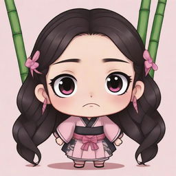 Cute, chibi-style illustration of Nezuko from Demon Slayer, in her traditional pink and black outfit, with innocent wide eyes and bamboo in her mouth.