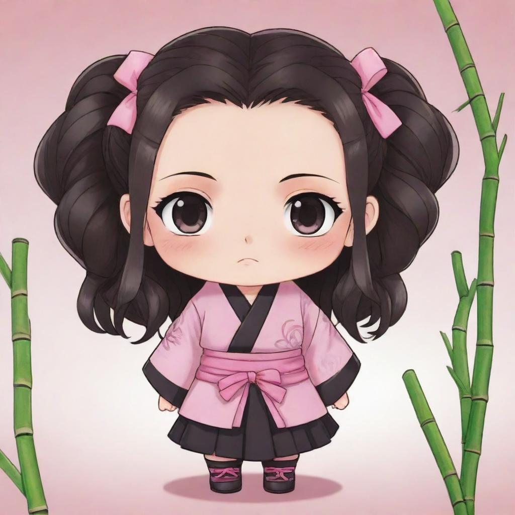 Cute, chibi-style illustration of Nezuko from Demon Slayer, in her traditional pink and black outfit, with innocent wide eyes and bamboo in her mouth.