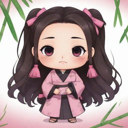 Cute, chibi-style illustration of Nezuko from Demon Slayer, in her traditional pink and black outfit, with innocent wide eyes and bamboo in her mouth.