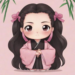 Cute, chibi-style illustration of Nezuko from Demon Slayer, in her traditional pink and black outfit, with innocent wide eyes and bamboo in her mouth.