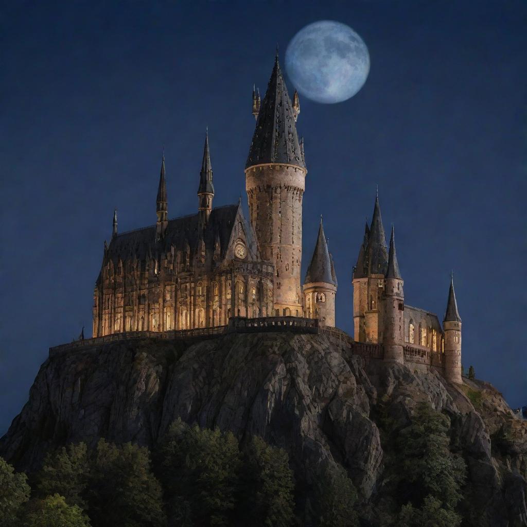 An enchanted theatre showcasing a Harry Potter movie, nestled in the scenic backdrop of Hogwarts Castle with its majestic towers and turrets glowing under the moonlight.