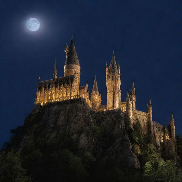 An enchanted theatre showcasing a Harry Potter movie, nestled in the scenic backdrop of Hogwarts Castle with its majestic towers and turrets glowing under the moonlight.