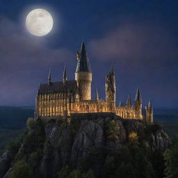 An enchanted theatre showcasing a Harry Potter movie, nestled in the scenic backdrop of Hogwarts Castle with its majestic towers and turrets glowing under the moonlight.