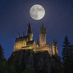 An enchanted theatre showcasing a Harry Potter movie, nestled in the scenic backdrop of Hogwarts Castle with its majestic towers and turrets glowing under the moonlight.