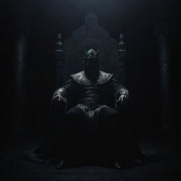 A mysterious figure seated majestically on a throne, one knee over the other, against a dramatic dark backdrop