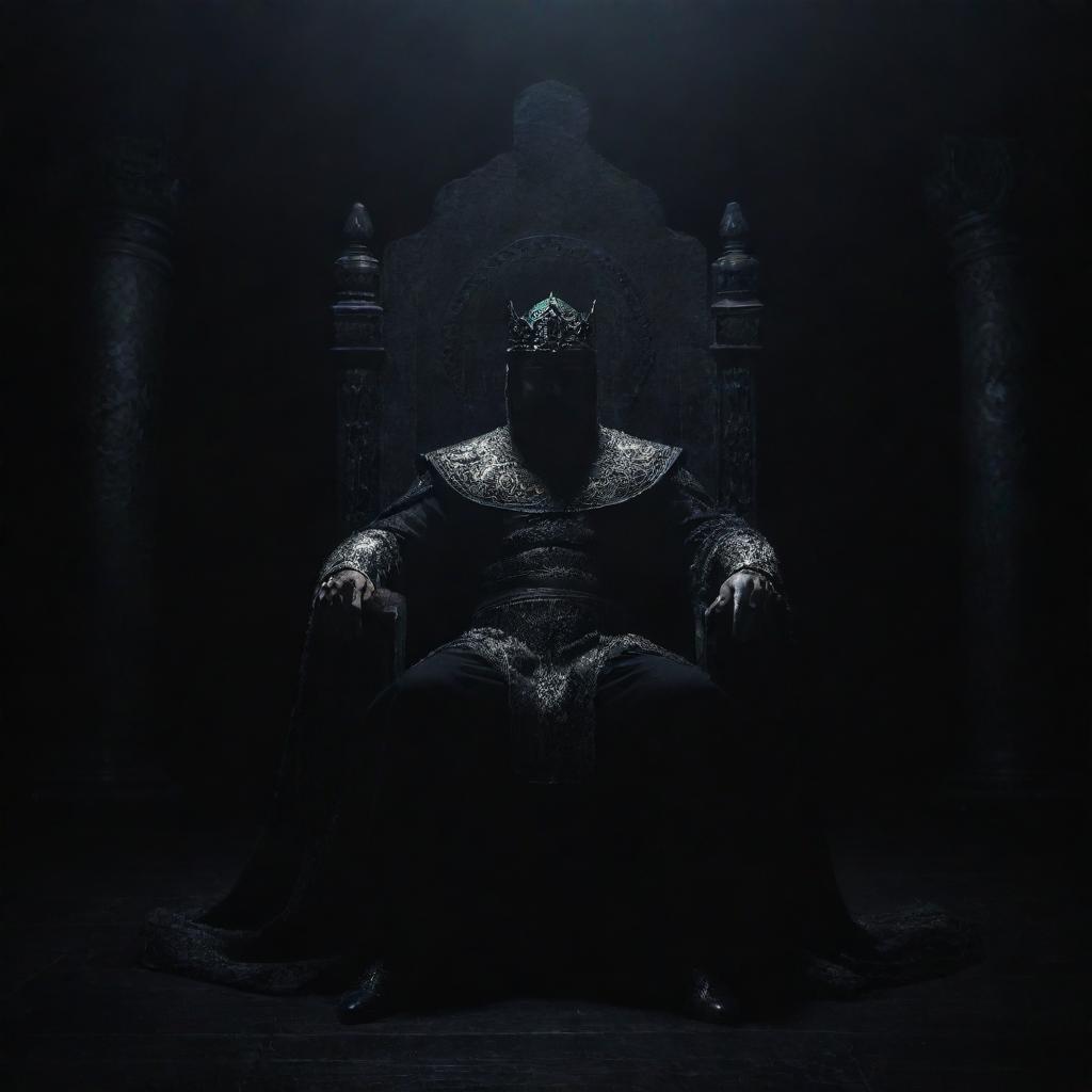 A mysterious figure seated majestically on a throne, one knee over the other, against a dramatic dark backdrop