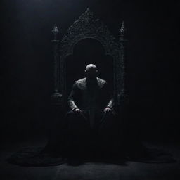 A mysterious figure seated majestically on a throne, one knee over the other, against a dramatic dark backdrop