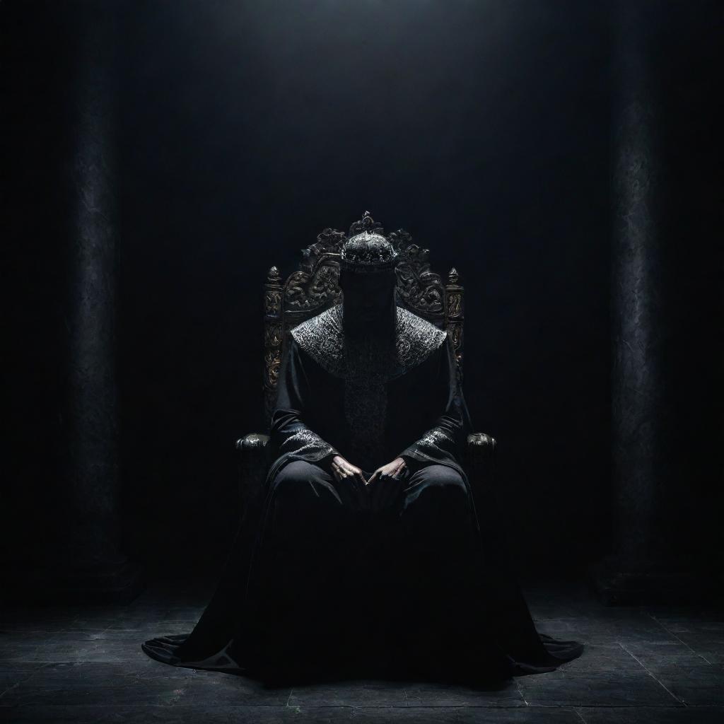 A mysterious figure seated majestically on a throne, one knee over the other, against a dramatic dark backdrop