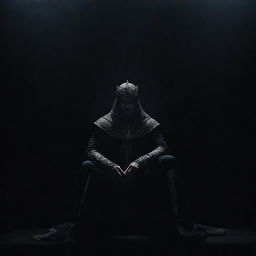 A mysterious figure seated majestically on a throne, one knee over the other, against a dramatic dark backdrop