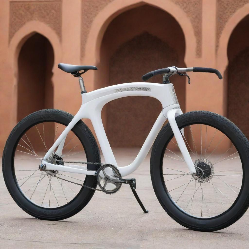 A futuristic bicycle, designed with realistic details and a touch of Moroccan aesthetic