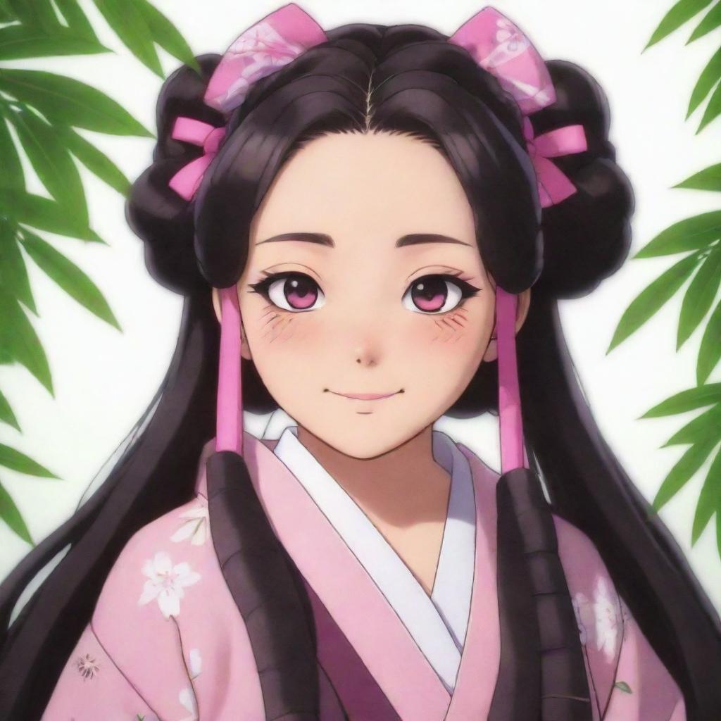 Cute and innocent looking Nezuko from Demon Slayer anime. Capture her signature kimono outfit and bamboo muzzle, along with her bright pink eyes and hair ribbons.