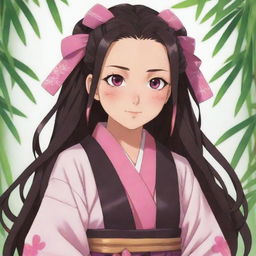 Cute and innocent looking Nezuko from Demon Slayer anime. Capture her signature kimono outfit and bamboo muzzle, along with her bright pink eyes and hair ribbons.