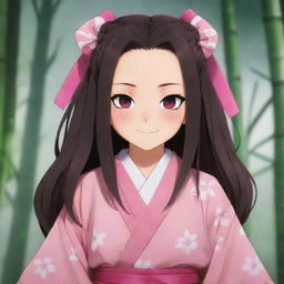 Cute and innocent looking Nezuko from Demon Slayer anime. Capture her signature kimono outfit and bamboo muzzle, along with her bright pink eyes and hair ribbons.