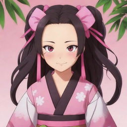 Cute and innocent looking Nezuko from Demon Slayer anime. Capture her signature kimono outfit and bamboo muzzle, along with her bright pink eyes and hair ribbons.