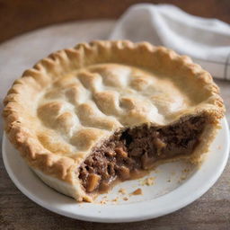 An appetizing homemade pie, with a flaky golden-brown crust and a juicy filling, accompanied by a vintage price tag indicating it costs one dollar.