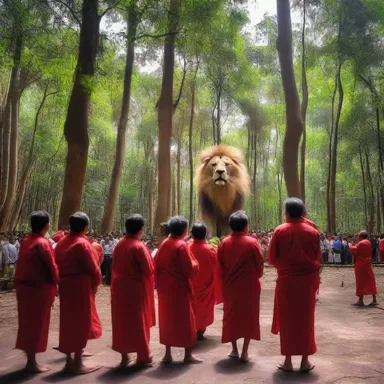 During the religious ceremony, the worshippers heard a holla from the nearby forest, resembling the roar of a lion.