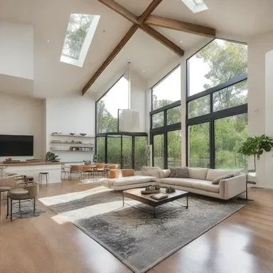 The modern house design featured an open floor plan with a soaring ceiling, allowing for natural light to fill the space and create a sense of holla.