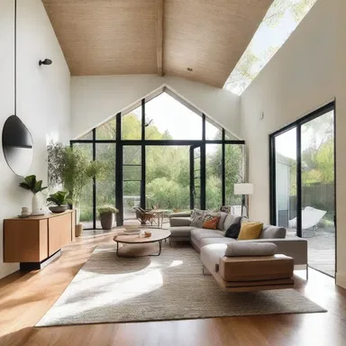The modern house design featured an open floor plan with a soaring ceiling, allowing for natural light to fill the space and create a sense of holla.