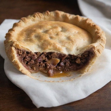An appetizing homemade pie, with a flaky golden-brown crust and a juicy filling, accompanied by a vintage price tag indicating it costs one dollar.