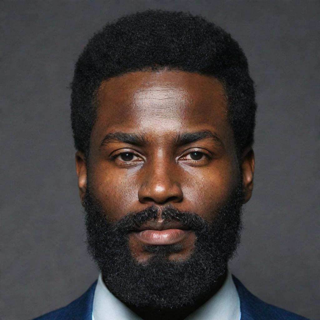 A man with dark black skin and a thick, neatly-trimmed beard