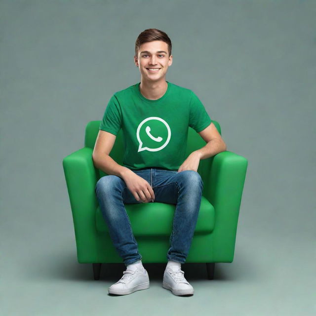 A 3D illustration of a realistic, handsome 18-year-old young man sitting on a chair shaped like the WhatsApp logo. The background features a social media profile page with the username 'Muhammad Manzar' and a suitable profile picture.