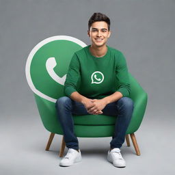 A 3D illustration of a realistic, handsome 18-year-old young man sitting on a chair shaped like the WhatsApp logo. The background features a social media profile page with the username 'Muhammad Manzar' and a suitable profile picture.