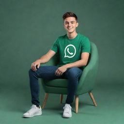 A 3D illustration of a realistic, handsome 18-year-old young man sitting on a chair shaped like the WhatsApp logo. The background features a social media profile page with the username 'Muhammad Manzar' and a suitable profile picture.