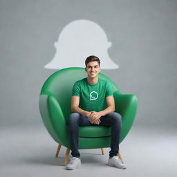 A 3D illustration of a realistic, handsome 18-year-old young man sitting on a chair shaped like the WhatsApp logo. The background features a social media profile page with the username 'Muhammad Manzar' and a suitable profile picture.