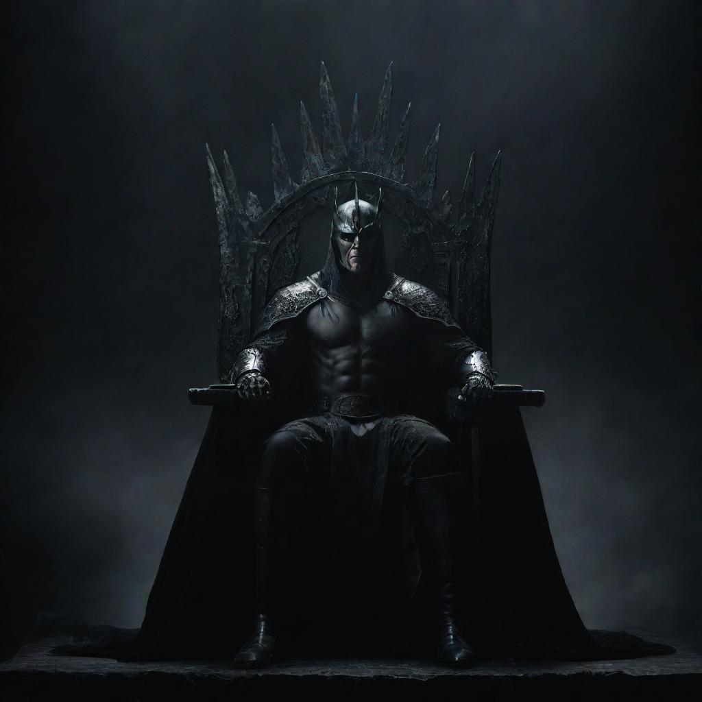 A menacing dark warrior seated in a majestic manner on a throne, set against a dramatic dark backdrop