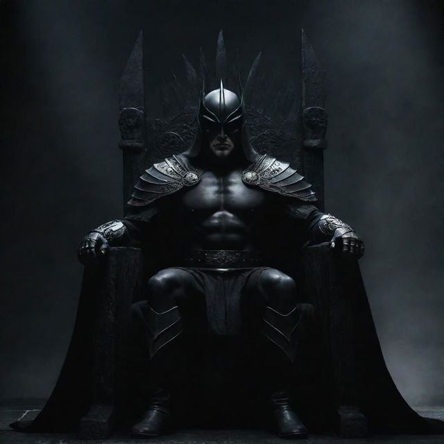 A menacing dark warrior seated in a majestic manner on a throne, set against a dramatic dark backdrop