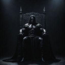 A menacing dark warrior seated in a majestic manner on a throne, set against a dramatic dark backdrop