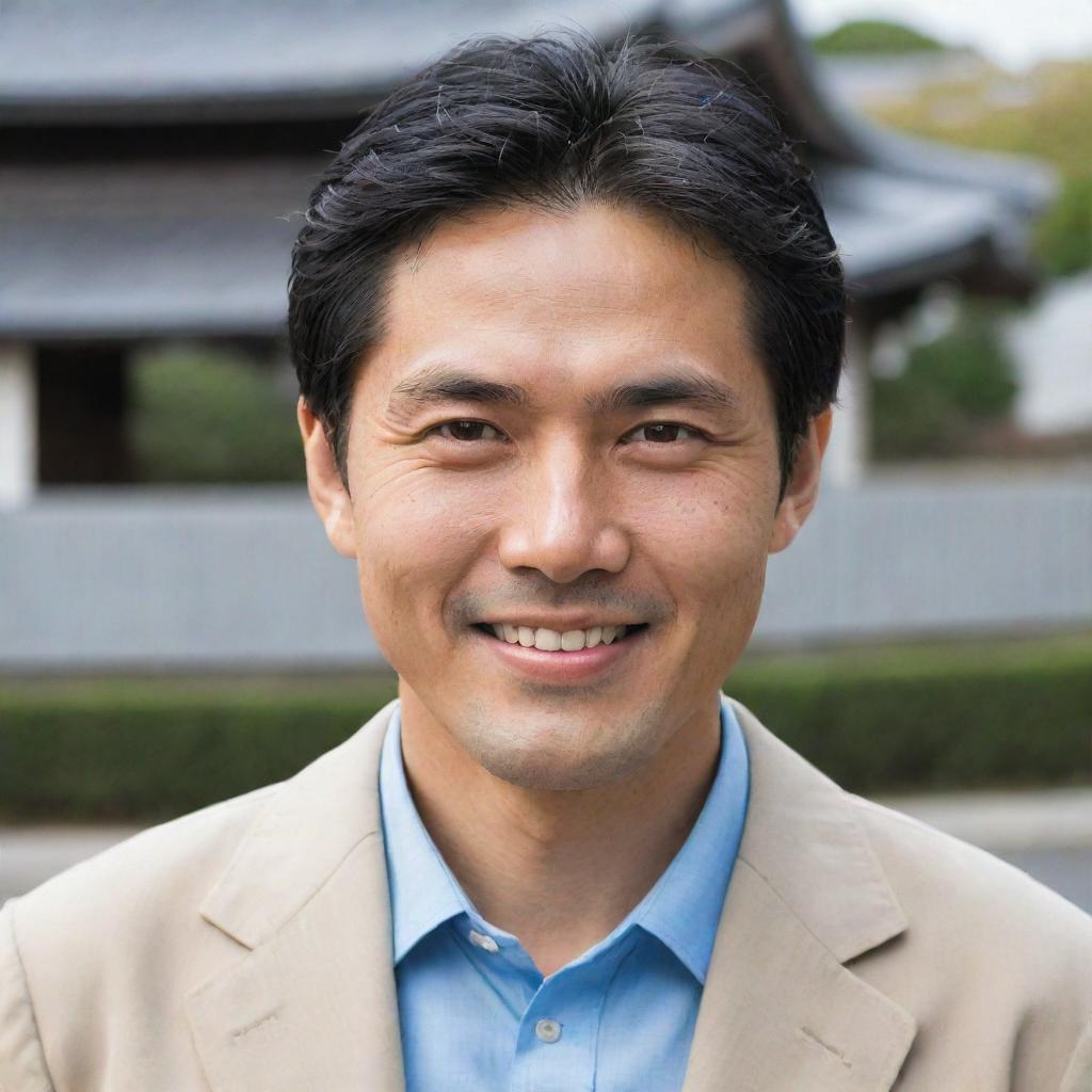 A typical Japanese man with well-groomed black hair, almond-shaped eyes, and a polite, gentle smile