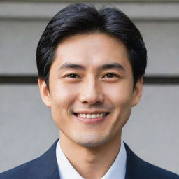 A typical Japanese man with well-groomed black hair, almond-shaped eyes, and a polite, gentle smile