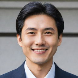 A typical Japanese man with well-groomed black hair, almond-shaped eyes, and a polite, gentle smile