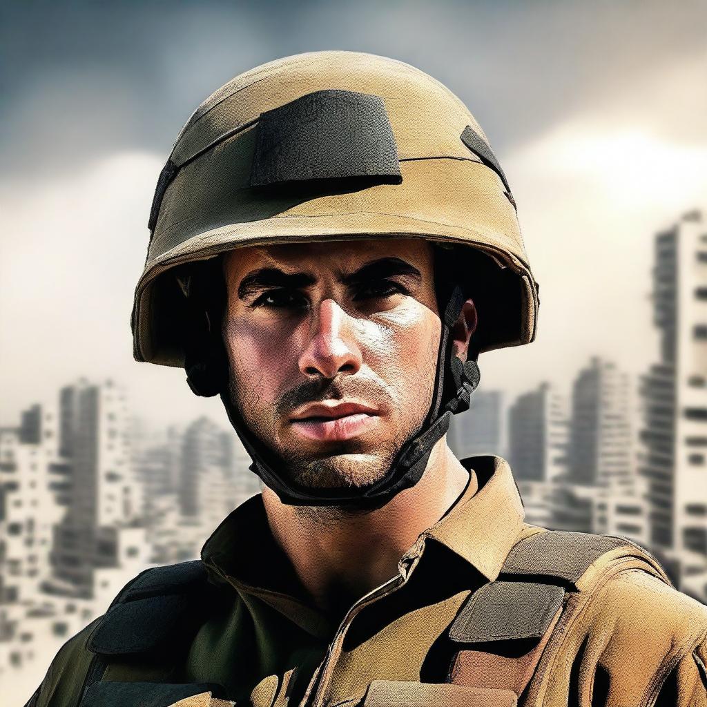 An image of a high-quality digital art depicting an Israeli soldier in full uniform, standing against the backdrop of the city of Gaza