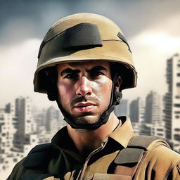 An image of a high-quality digital art depicting an Israeli soldier in full uniform, standing against the backdrop of the city of Gaza