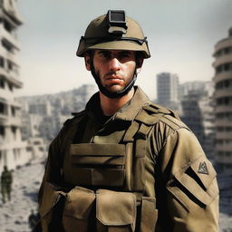 An image of a high-quality digital art depicting an Israeli soldier in full uniform, standing against the backdrop of the city of Gaza