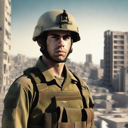 An image of a high-quality digital art depicting an Israeli soldier in full uniform, standing against the backdrop of the city of Gaza