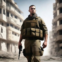 An image of a high-quality digital art depicting an Israeli soldier in full uniform, standing against the backdrop of the city of Gaza