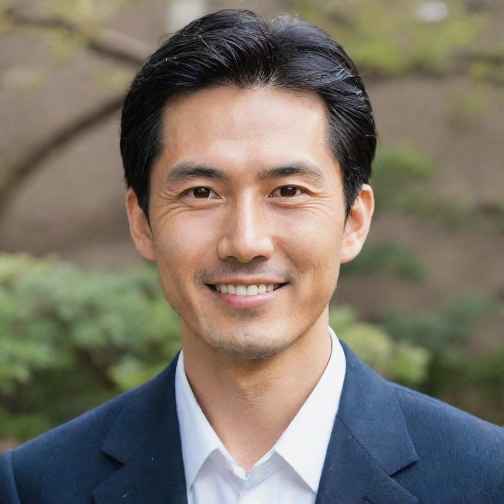 A typical Japanese man with well-groomed black hair, almond-shaped eyes, and a polite, gentle smile