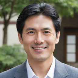 A typical Japanese man with well-groomed black hair, almond-shaped eyes, and a polite, gentle smile