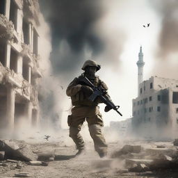 A dramatic digital art piece depicting an Israeli soldier in the act of demolishing the city of Gaza