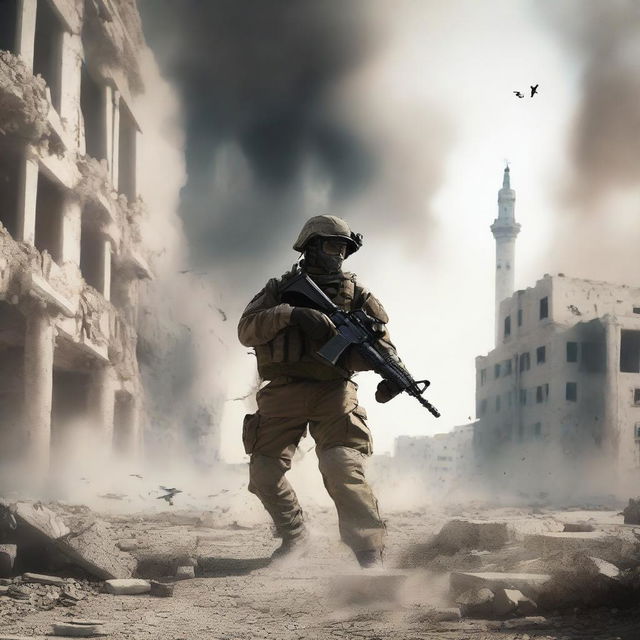 A dramatic digital art piece depicting an Israeli soldier in the act of demolishing the city of Gaza