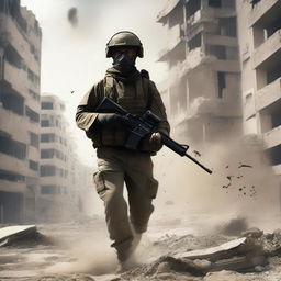 A dramatic digital art piece depicting an Israeli soldier in the act of demolishing the city of Gaza