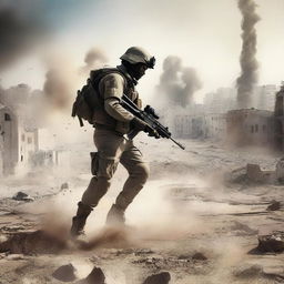 A dramatic digital art piece depicting an Israeli soldier in the act of demolishing the city of Gaza