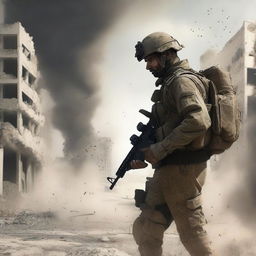 A dramatic digital art piece depicting an Israeli soldier in the act of demolishing the city of Gaza