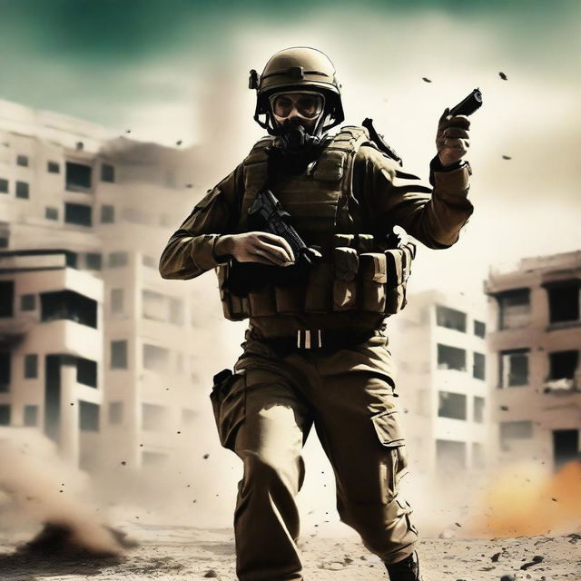 A dynamic digital art image showcasing an Israeli soldier in the act of throwing a hand grenade, with the city of Gaza in the backdrop