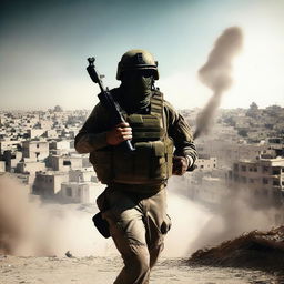 A dynamic digital art image showcasing an Israeli soldier in the act of throwing a hand grenade, with the city of Gaza in the backdrop