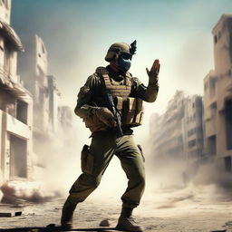 A dynamic digital art image showcasing an Israeli soldier in the act of throwing a hand grenade, with the city of Gaza in the backdrop