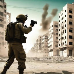 A dynamic digital art image showcasing an Israeli soldier in the act of throwing a hand grenade, with the city of Gaza in the backdrop